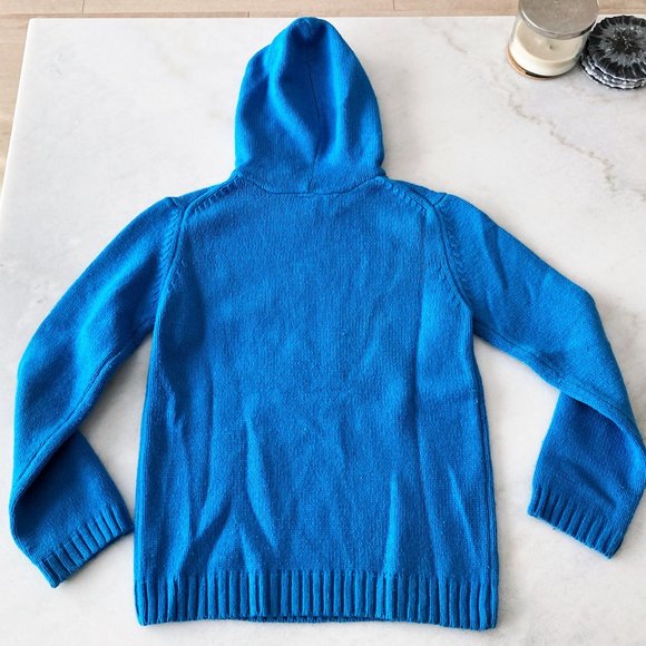 Gap blue knit sweater with white / cream snowflake design & hood, size L / 10 - Picture 2 of 3